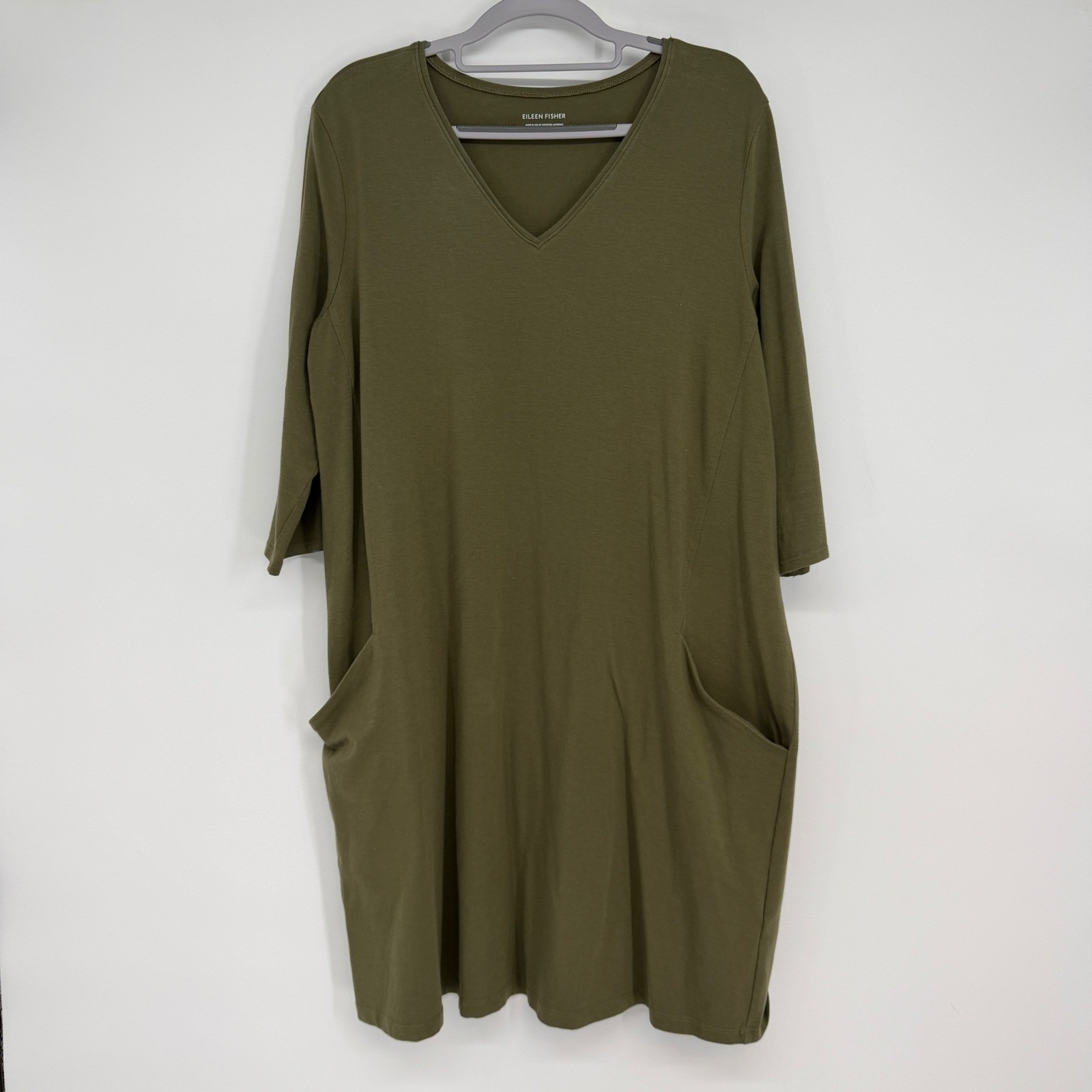 Eileen Fisher Olive Green V Neck Pocket Dress Womens L Organic Cotton Lagenlook